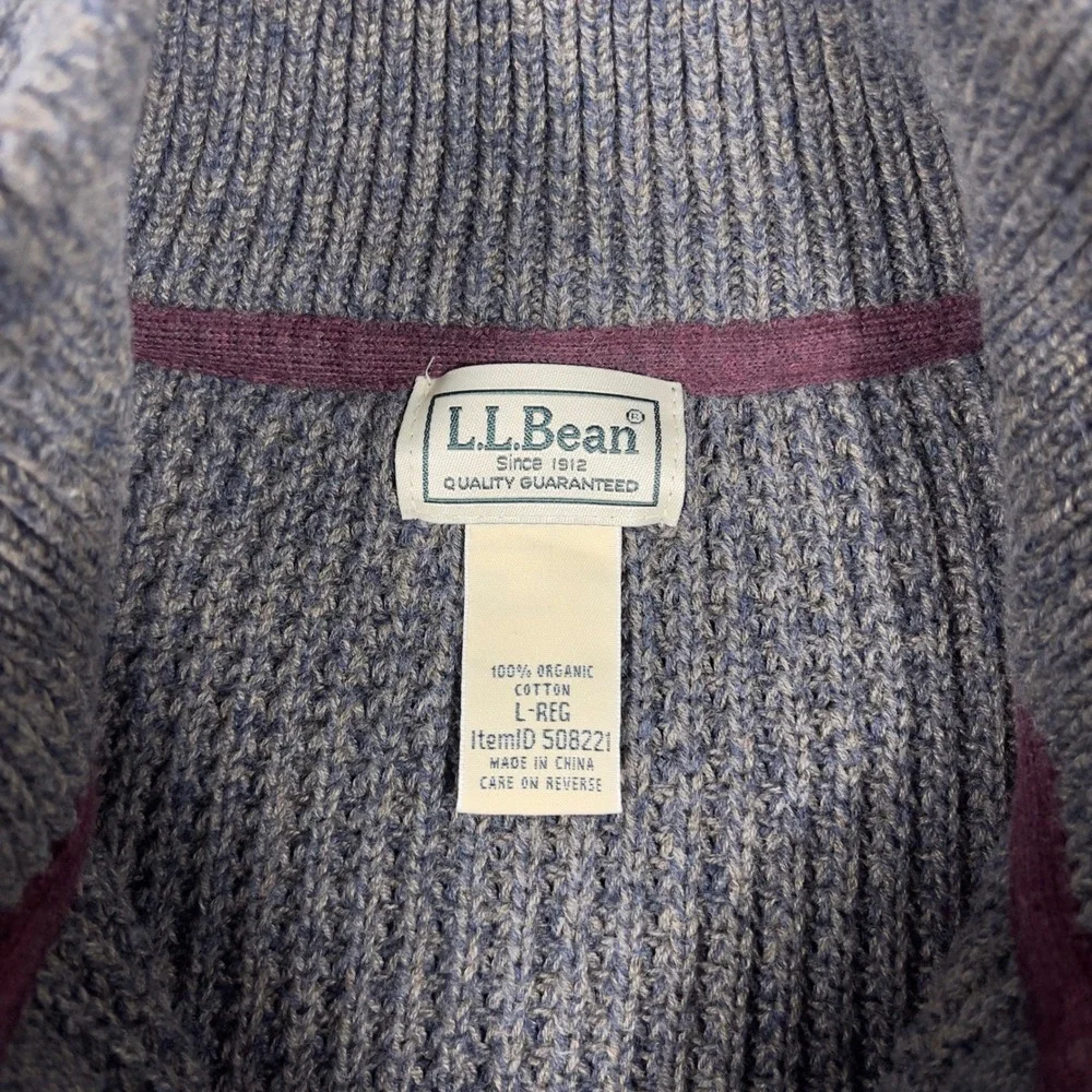 LL Bean Full Zip Cardigan Sweater Mens Large Gray Organic Cotton Waffle Knit